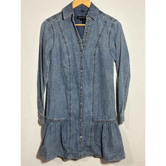Veronica Beard Catherine Denim Flounce Mini Dress Blue Snap Front Womens Size 00 - Picture 2 of 11